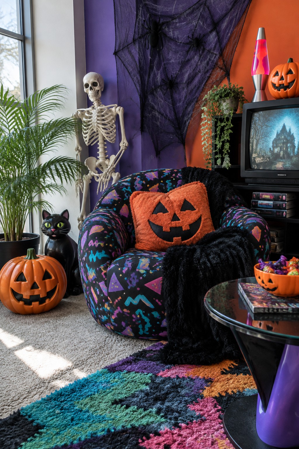 Halloween room with skeleton, colorful patterned chair, pumpkin pillow, and spider webs.