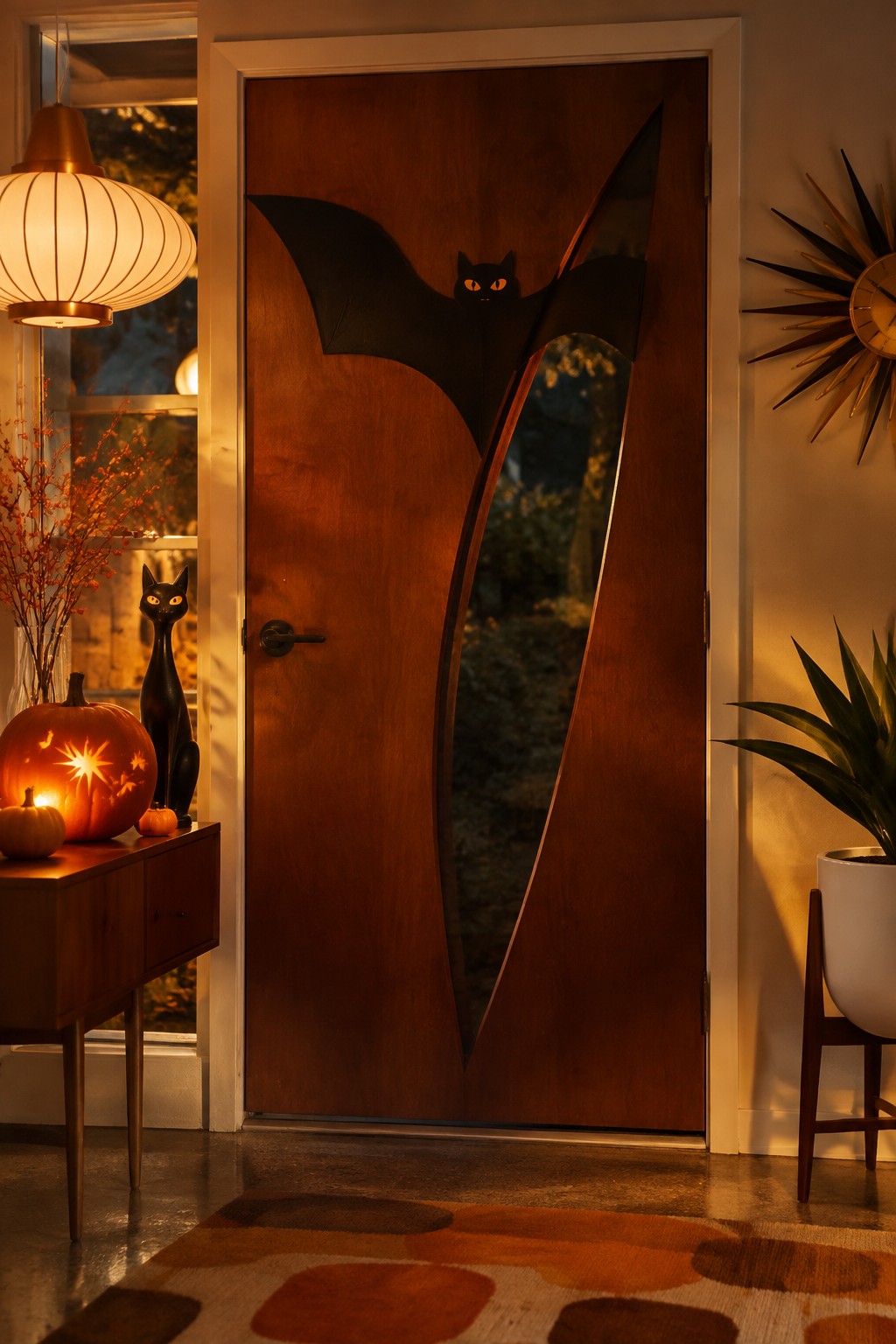 Wooden door with bat cutout and glowing cat eyes, amid Halloween pumpkins and autumn decor.