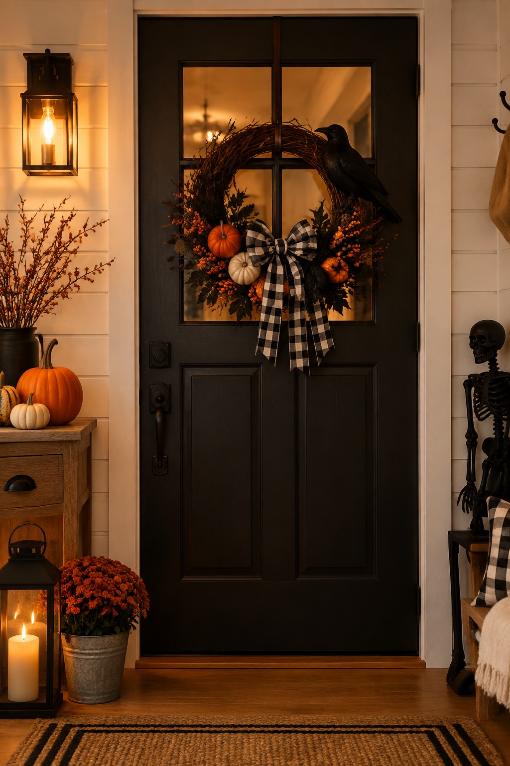 Black front door with a wreath that has a black crow, small pumpkins, and a buffalo check bow, plus a standing skeleton in the entryway.