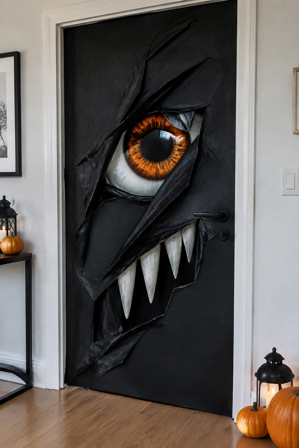 Black door with torn surface revealing giant orange eye and sharp white fangs, pumpkins nearby