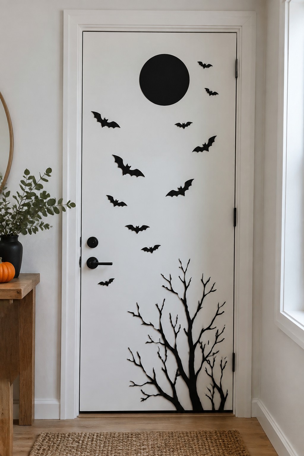 White interior door decorated with multiple black bat cutouts flying around a large black moon and a bare tree silhouette at the bottom.
