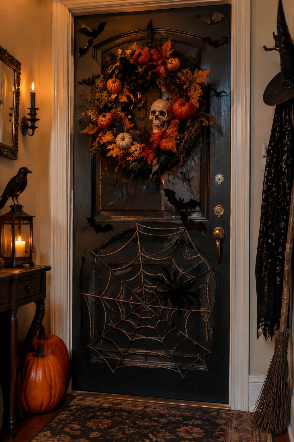 Dark front door with a large spiderweb stretched across the lower half, black bats attached to the surface, and a wreath with a skull and pumpkins.