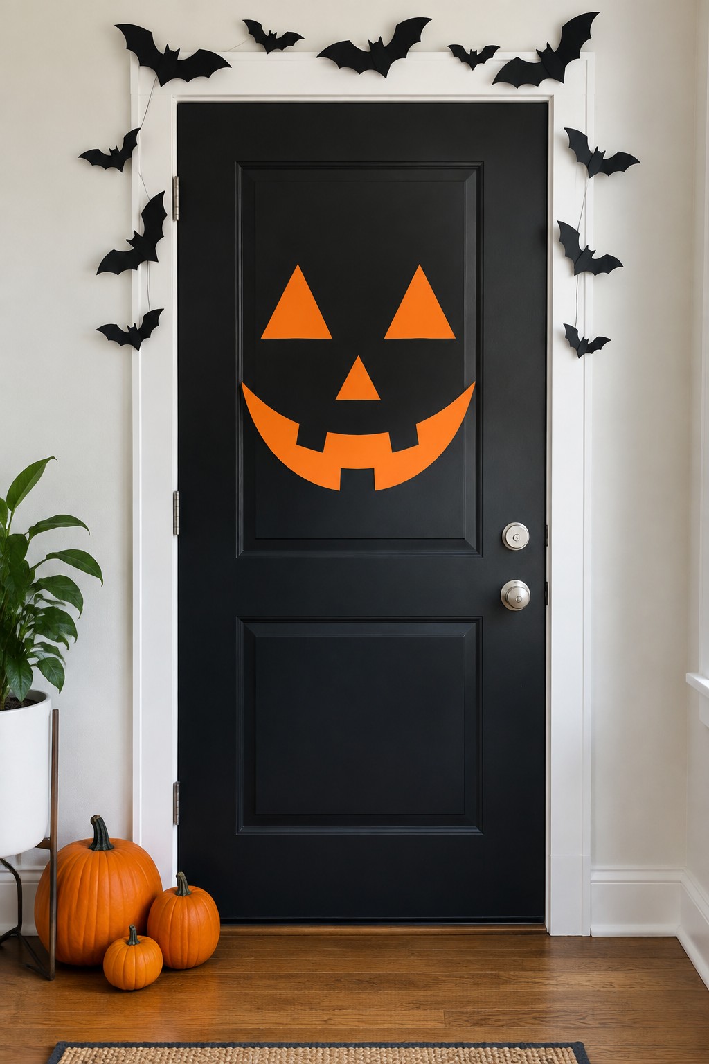Black front door with an orange jack o lantern face applied to the center and black paper bats hanging on strings along both sides of the frame.