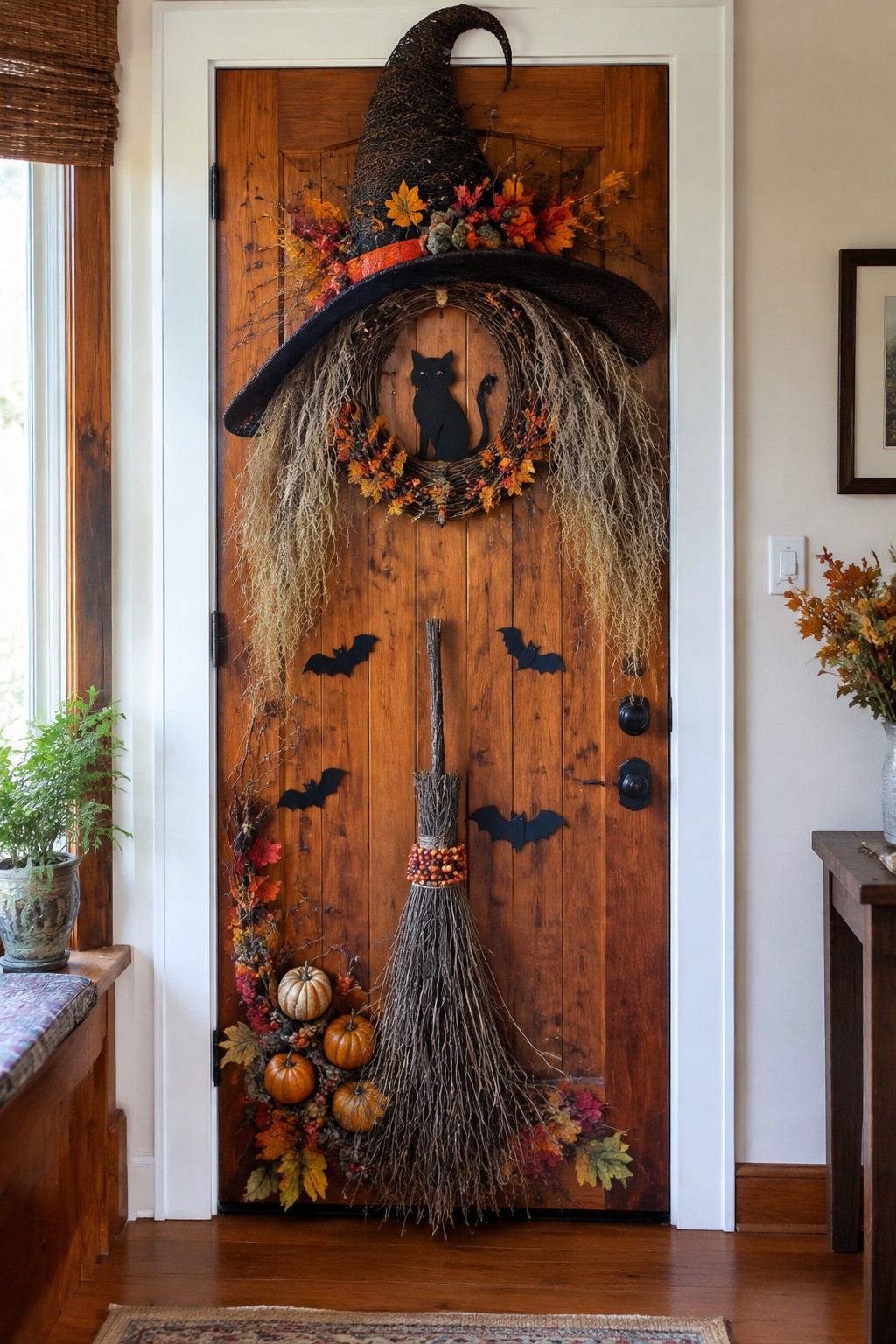Wooden front door decorated with a large witch hat, broomstick, black cat accent, and several black bats.
