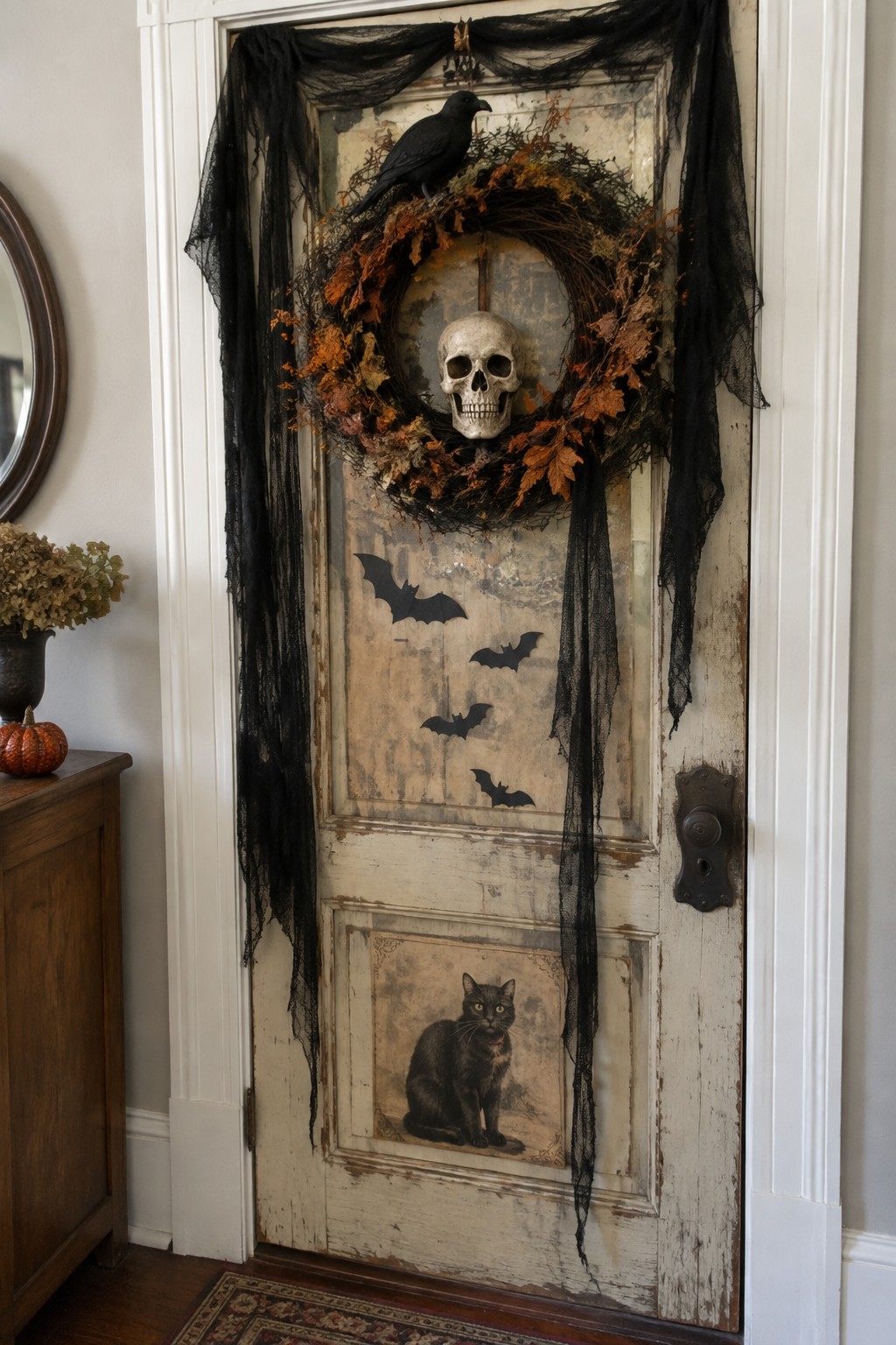 Distressed door with skull wreath, crow, bats, black cat, and draped fabric.