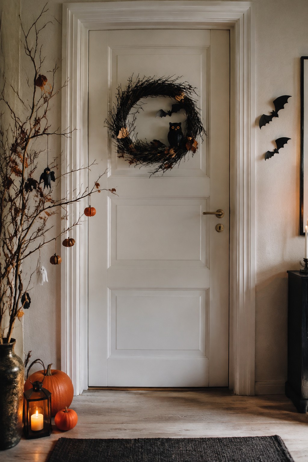 White front door with a dark twig wreath holding bats and an owl, plus extra bat cutouts on the wall to the right.