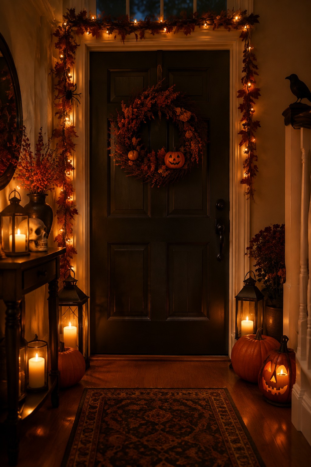 Dark front door with a wreath made of orange foliage and small pumpkins including one with a carved face, flanked by string lights and lanterns with candles in an entryway.