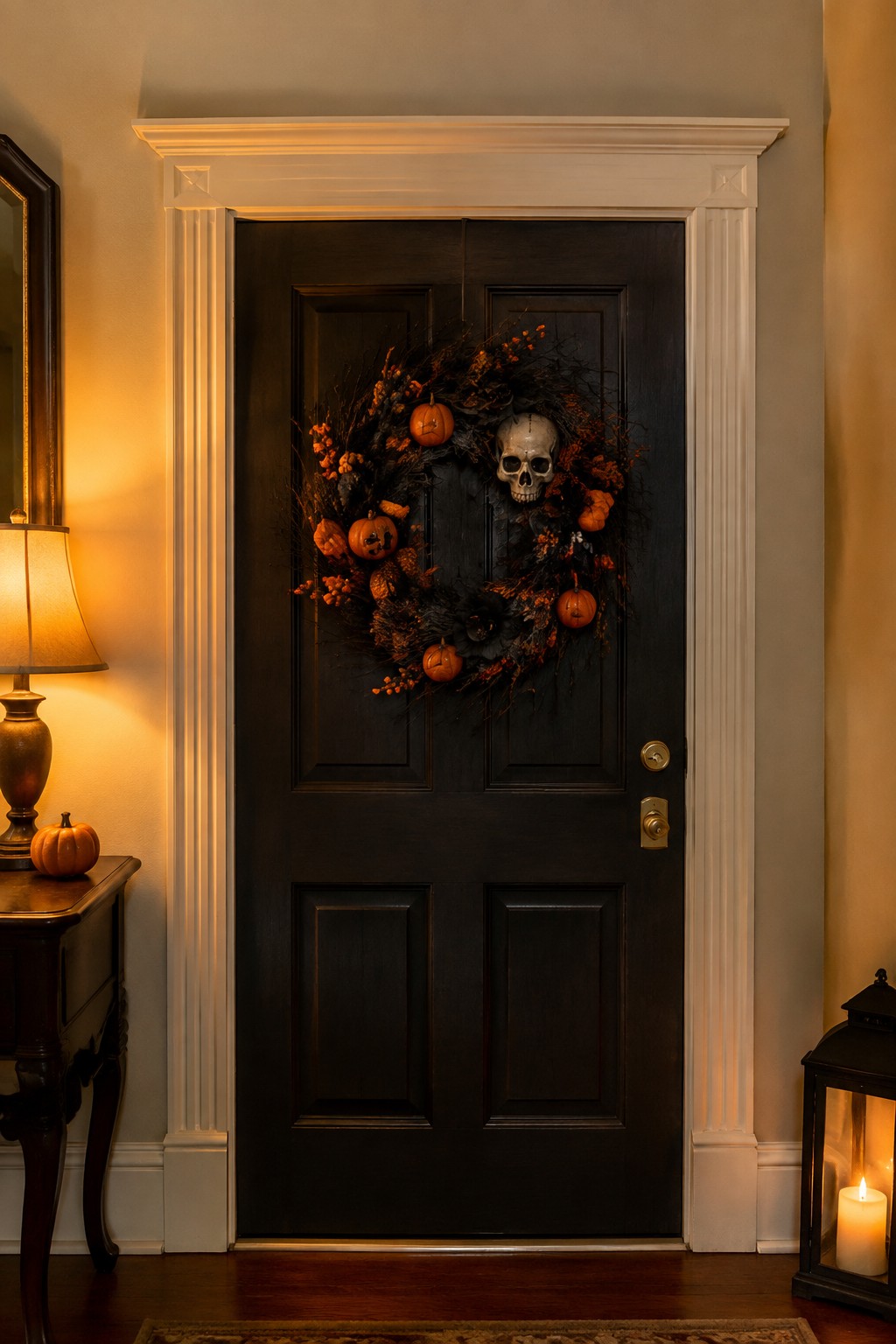 Dark wooden door with skull-and-pumpkin Halloween wreath, lit lantern and warm lamp nearby