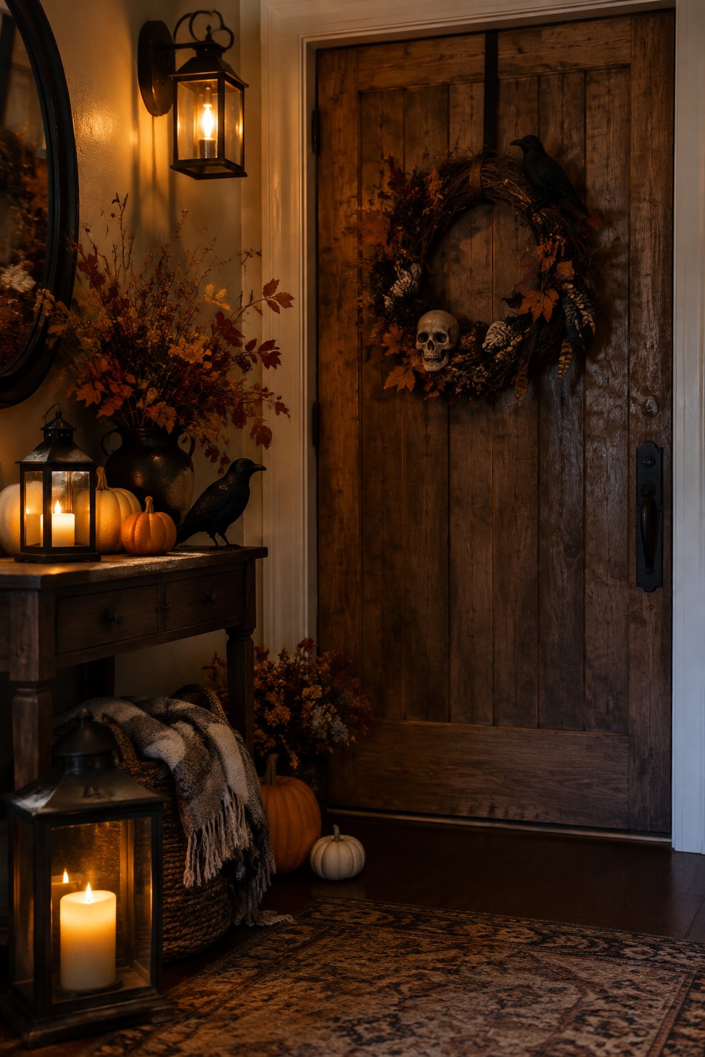 Wooden front door with a wreath containing a skull and black crow, next to a console table holding pumpkins, lanterns, and another crow.