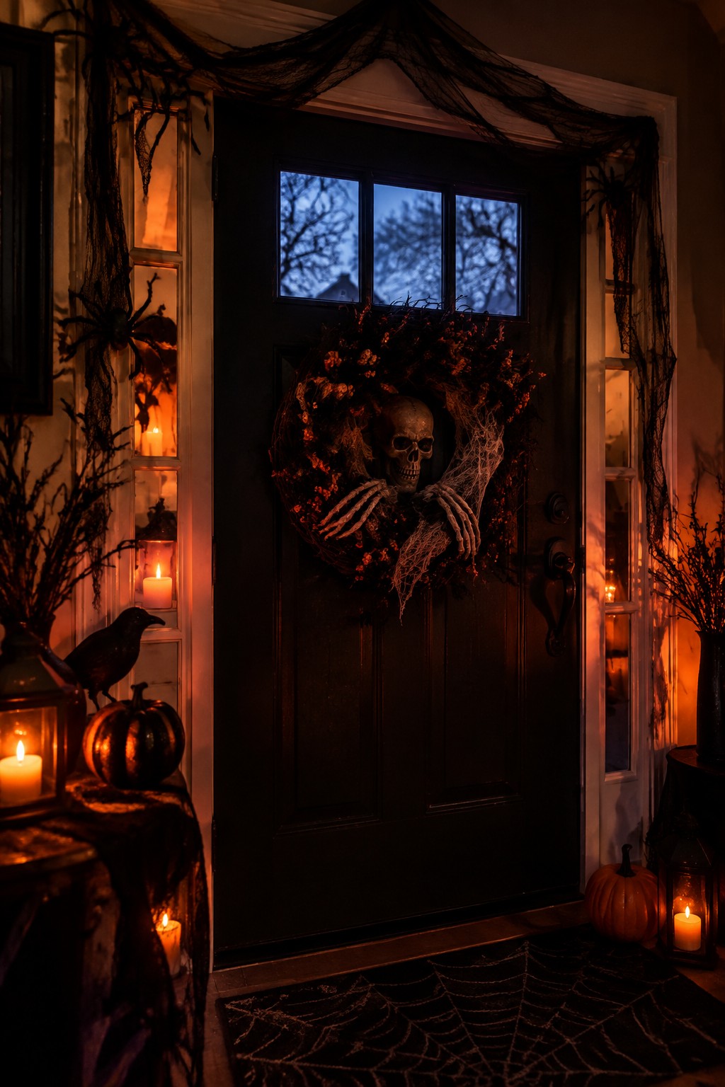 Black front door with a skull wreath featuring skeletal hands and spiderweb details in a home entryway.