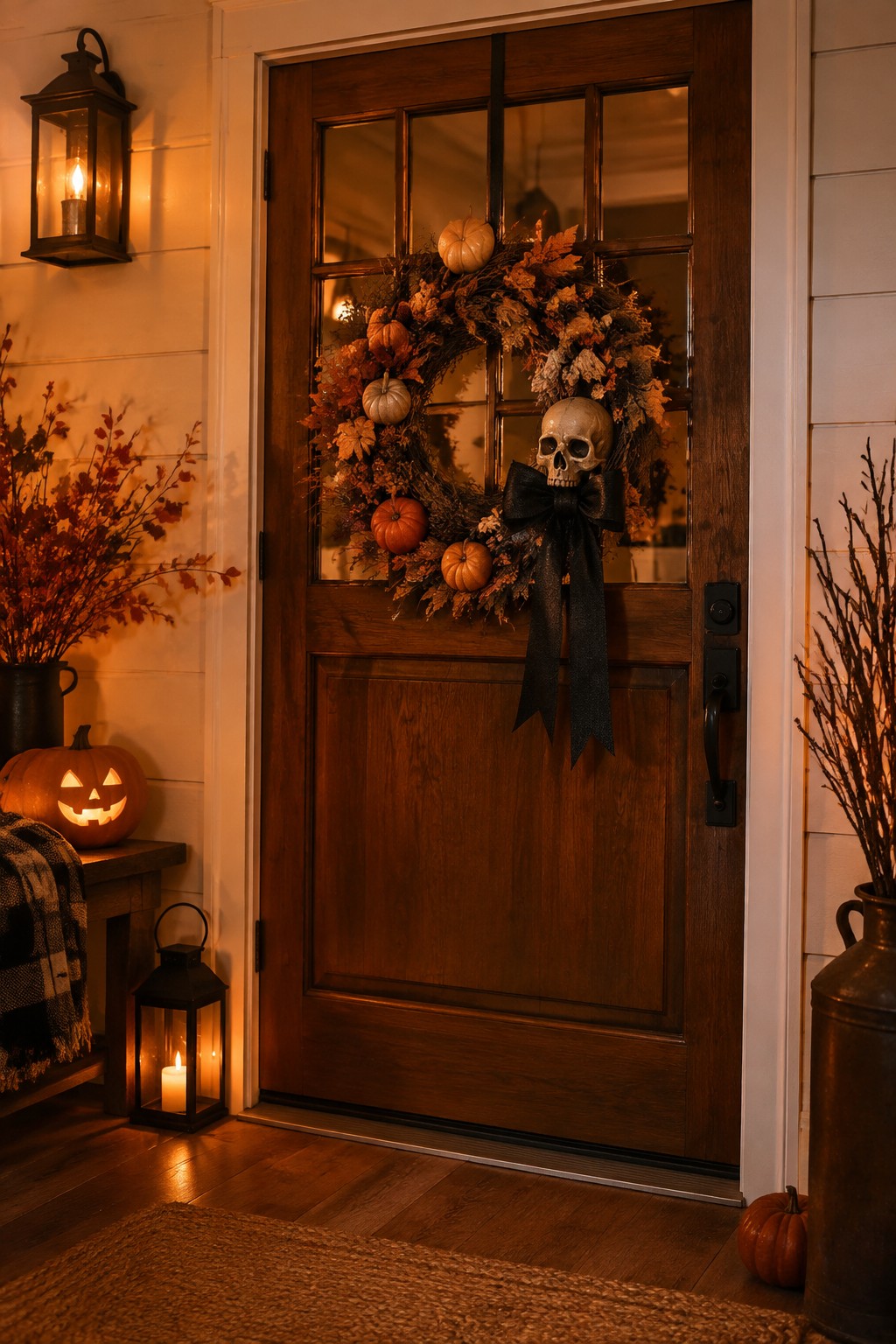 Wooden front door with a wreath that includes a skull, small pumpkins, and a large black bow.