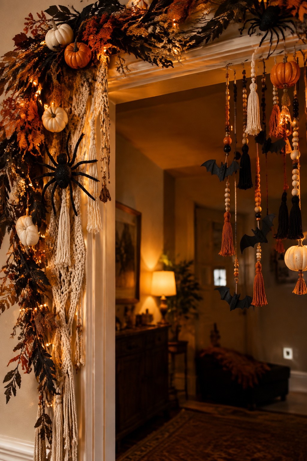 Indoor doorway framed with hanging black bat ornaments on beaded strings and tassels, plus a side garland holding small pumpkins and a large spider.