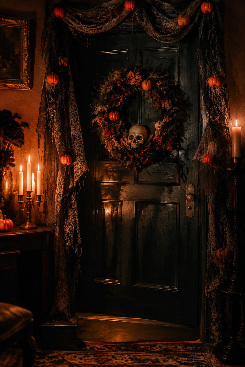 Black front door with a large wreath centered on a skull, surrounded by dried leaves and small pumpkins, with spiderweb fabric draped on both sides and lit candles nearby.
