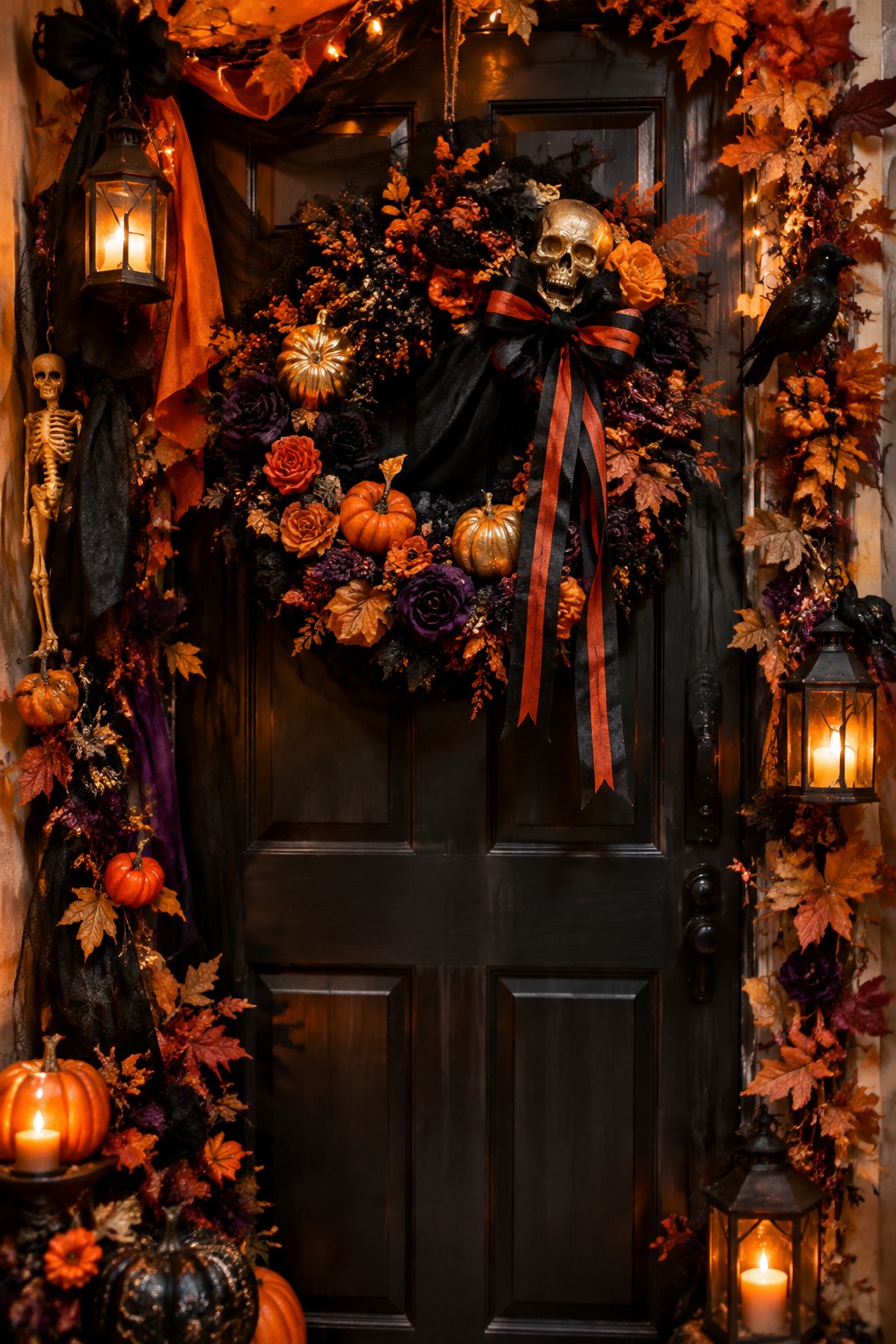 Dark front door with a large Halloween wreath featuring a gold skull, black and orange ribbons, small pumpkins, and surrounded by a skeleton figure and lanterns.