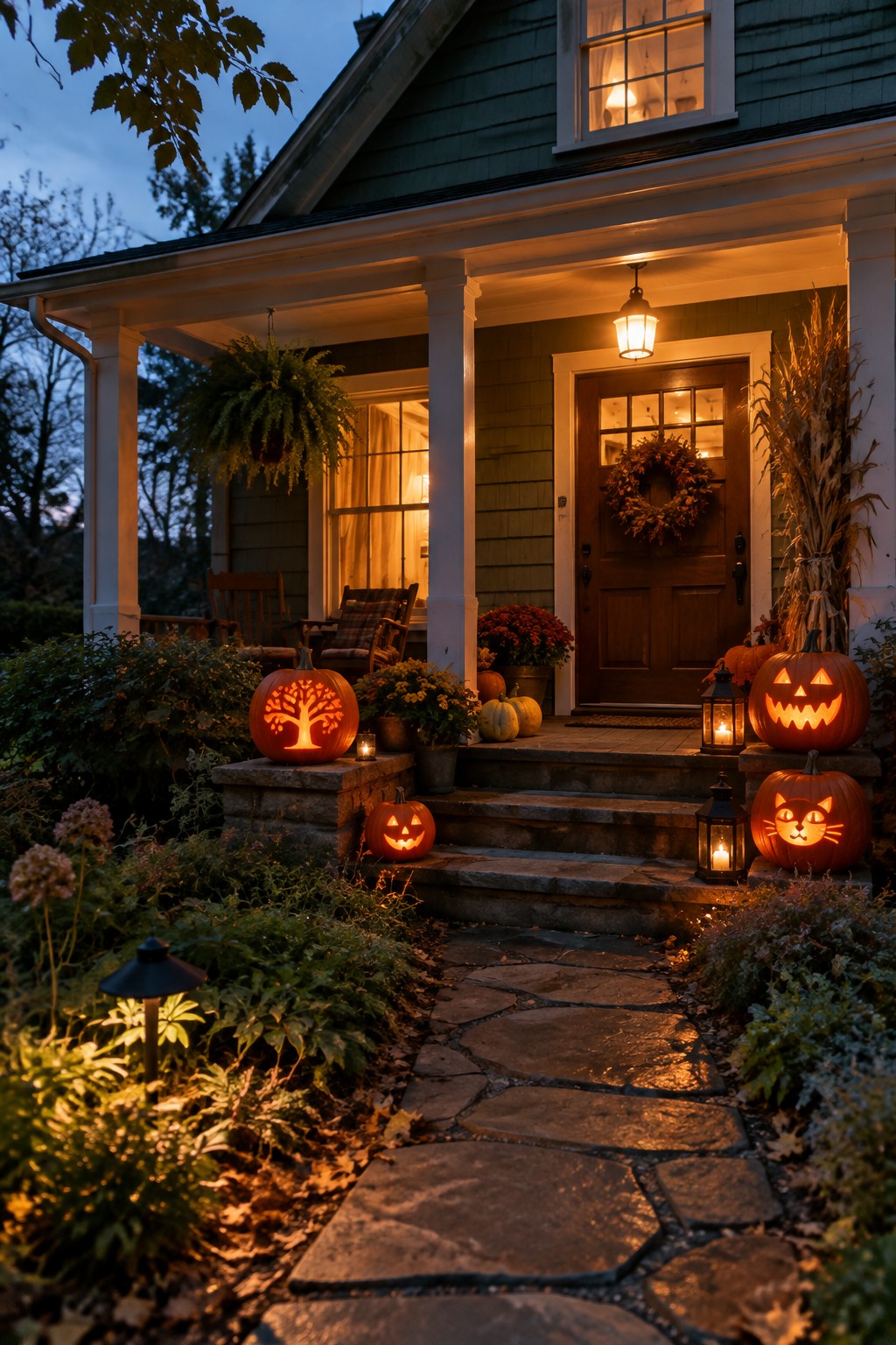 Glowing jack-o'-lanterns line stone path to warmly lit Halloween porch