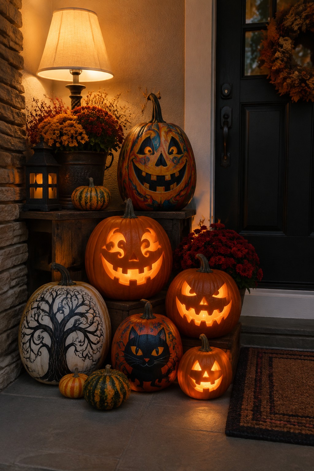 Glowing carved pumpkins and painted gourds on a cozy fall porch