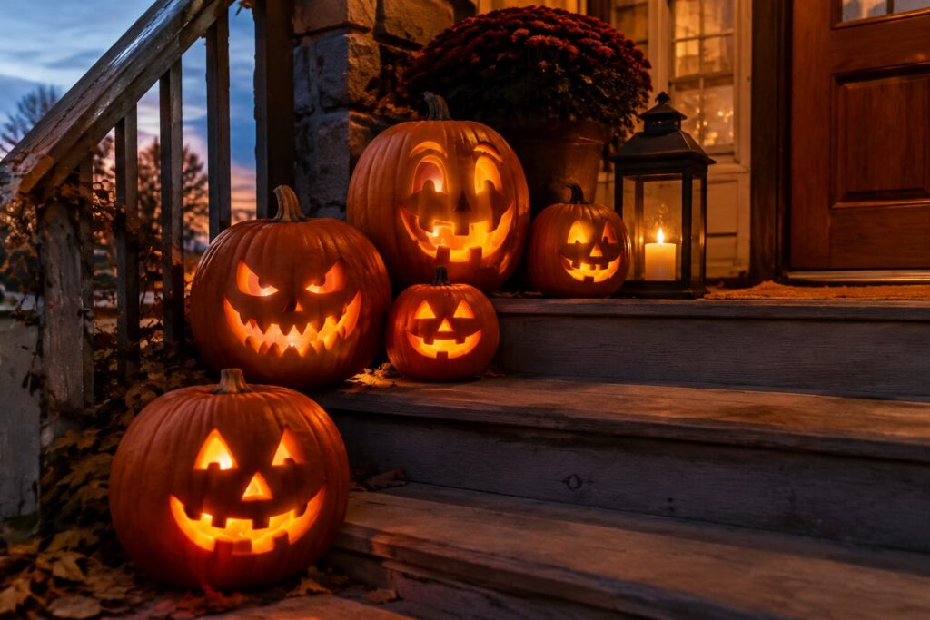 17 Creative Jack-O’-Lantern Designs for Standout Carvings Three glowing jack-o'-lanterns on leaf-covered stone steps with lanterns at night