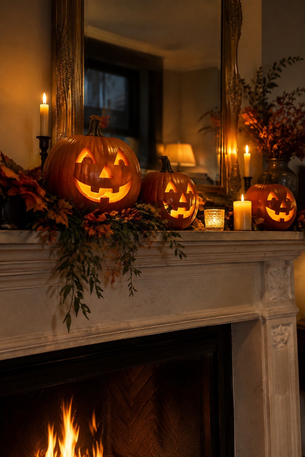 White marble fireplace mantel with three carved and lit jack o lanterns of different sizes, white candles, and a garland of autumn leaves.
