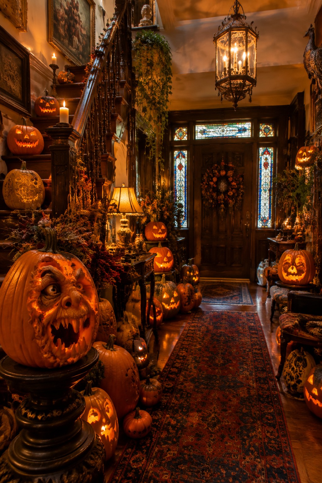 Grand entryway with many carved and lit jack-o’-lanterns arranged on a dark wooden staircase, floor pedestal, and near the front door.