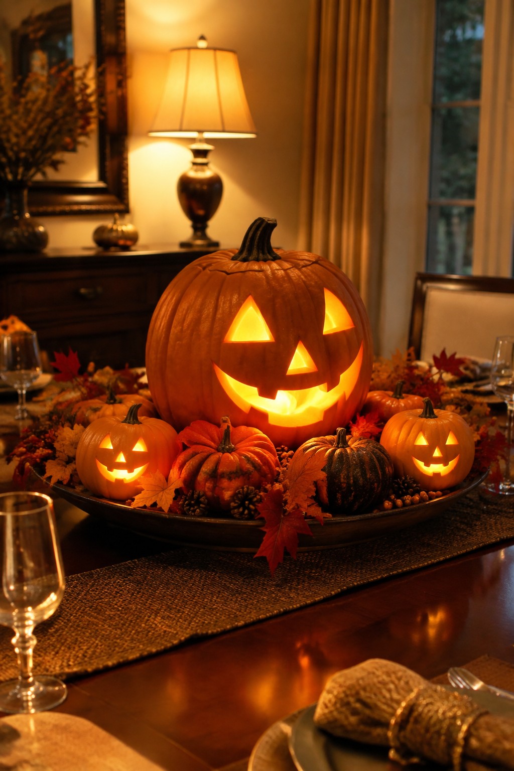 Glowing jack-o'-lantern centerpiece with smaller pumpkins amid autumn leaves on dining table.