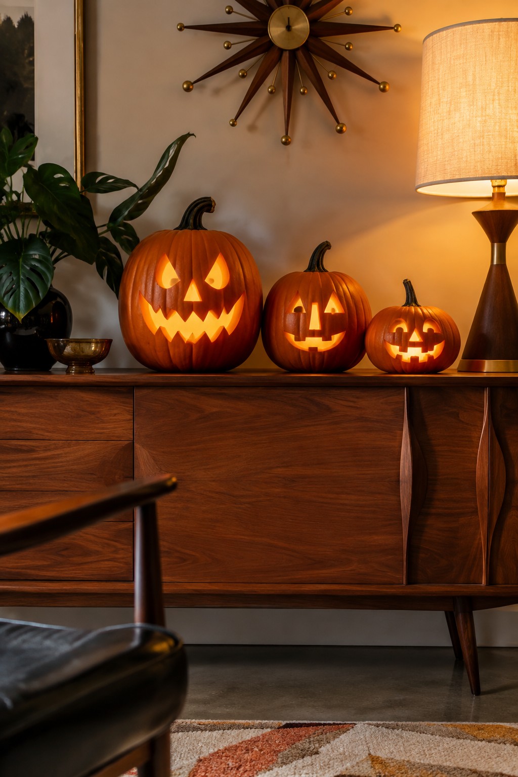 Three carved and lit jack o lanterns of different sizes sit in a row on a wooden console table.