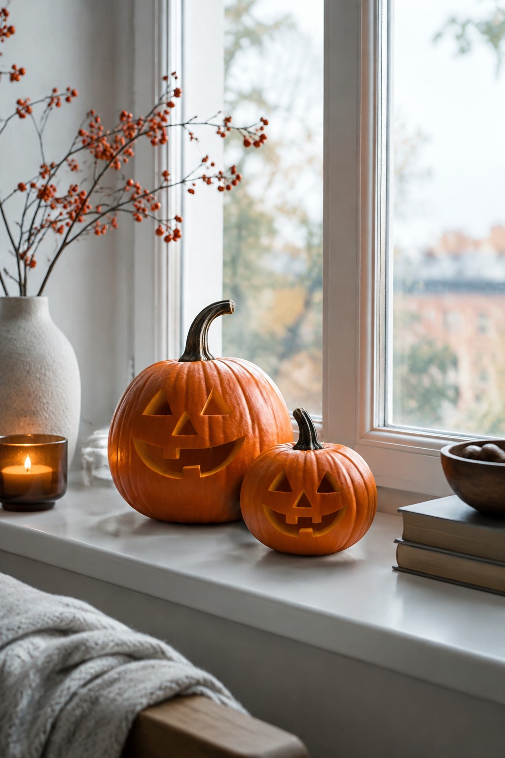 Two carved jack-o'-lanterns with triangular faces sit on a white windowsill beside a lit candle and a vase.
