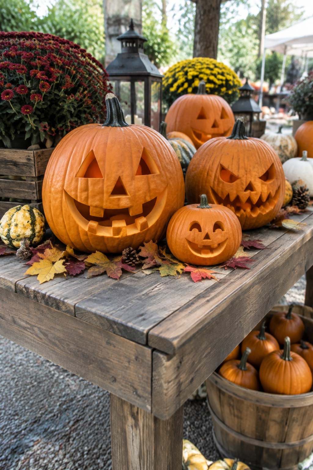 Wooden table displaying multiple carved jack o lanterns with varied face designs and autumn leaves scattered around them.