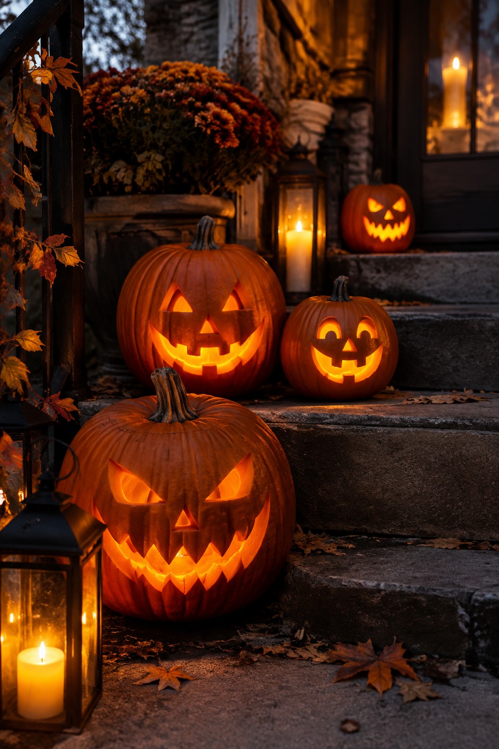 Three glowing jack-o'-lanterns on leaf-covered stone steps with lanterns at night