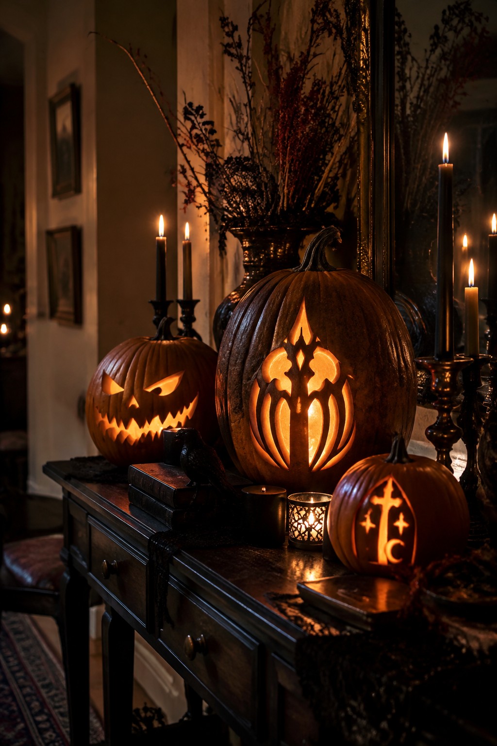 Console table in an entryway holding three lit jack o lanterns with distinct carved designs, surrounded by black candles and a few old books.