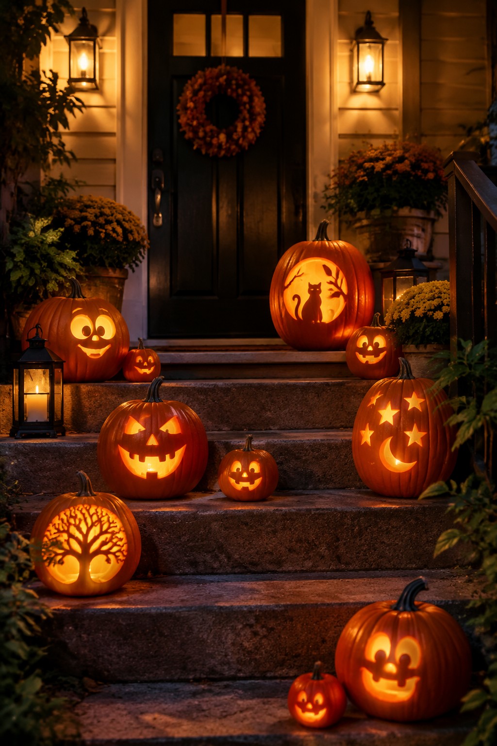 Front porch steps lined with multiple glowing jack o lanterns featuring different carved designs including faces, a cat, a tree, and stars.