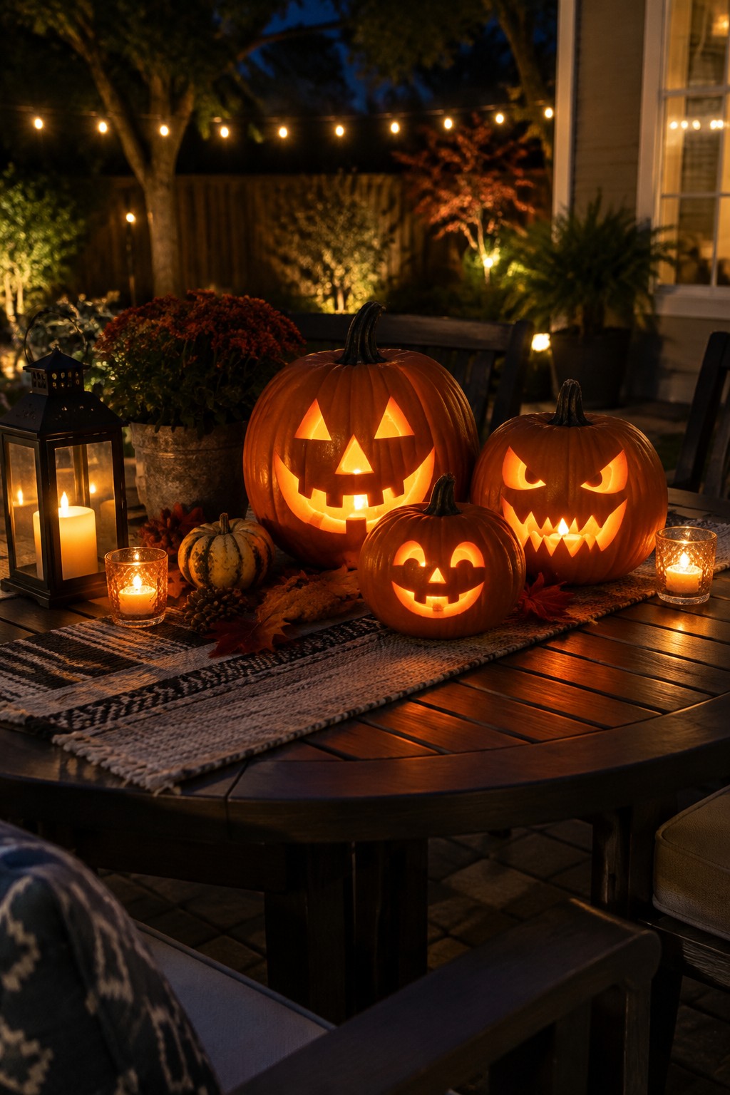Three glowing jack-o'-lanterns with candles on autumn-decorated wooden table at night