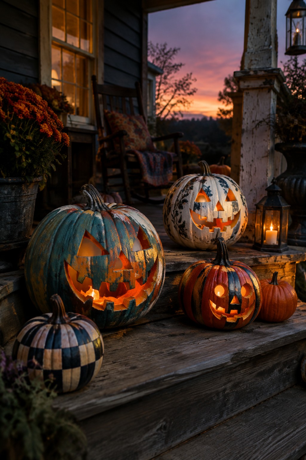 Front porch steps lined with several carved and painted jack o lanterns in teal, orange, white, and checkered patterns at dusk.