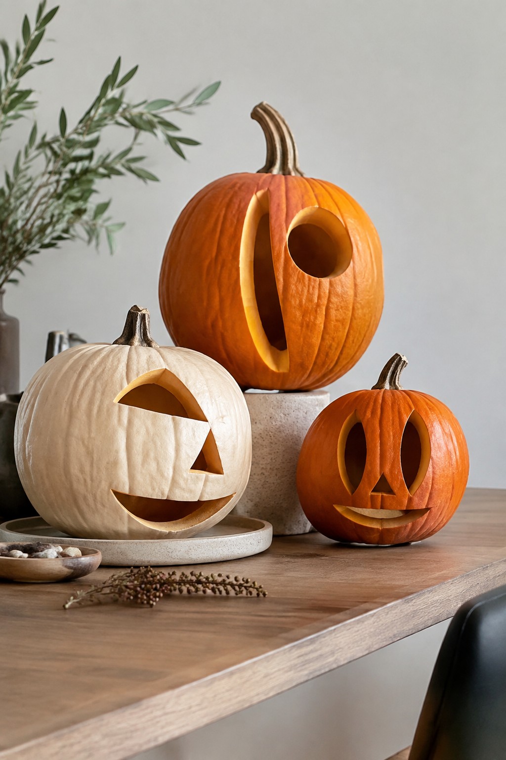 Three carved pumpkins with different face designs sit together on a wooden table.
