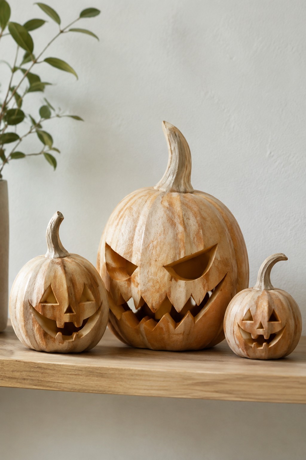 Three carved jack-o'-lanterns of different sizes arranged on a wooden shelf.