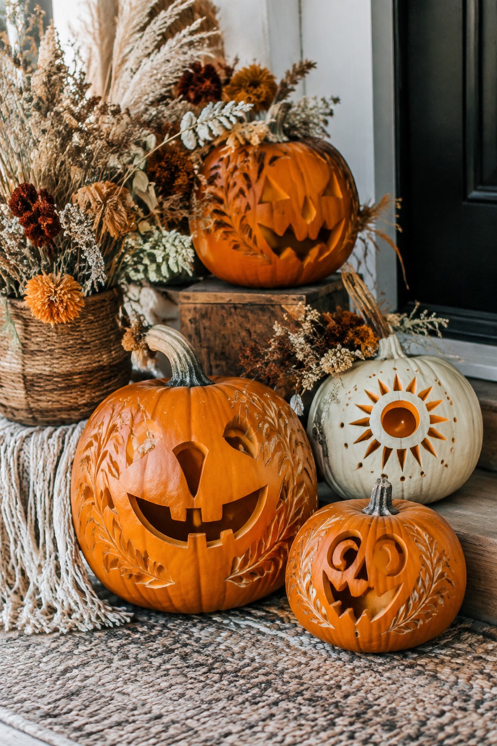 Carved jack-o'-lantern pumpkins with dried autumn flowers on a wooden porch