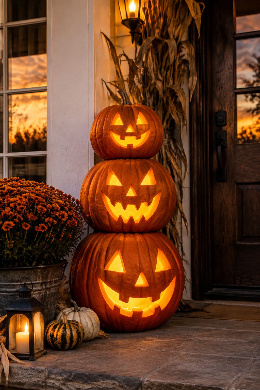 Three stacked carved and lit jack-o’-lanterns placed on stone steps beside a dark front door, with a lantern and small pumpkins at the base.