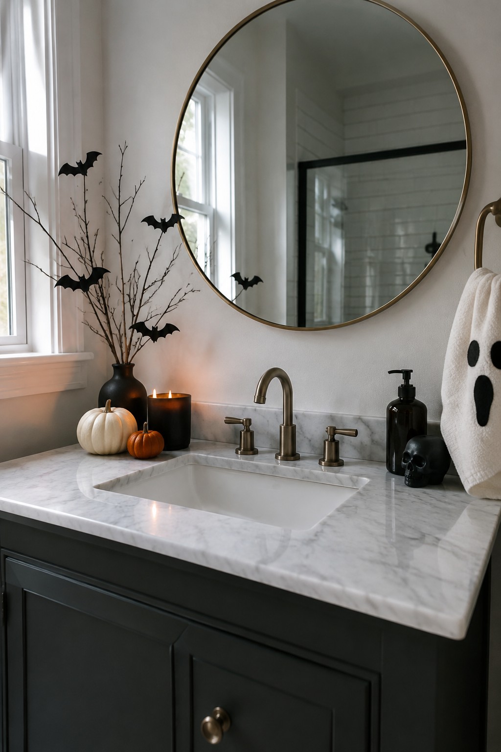 Bathroom sink area with black bats arranged on branches beside the mirror, a skull, and a ghost towel on the marble counter.