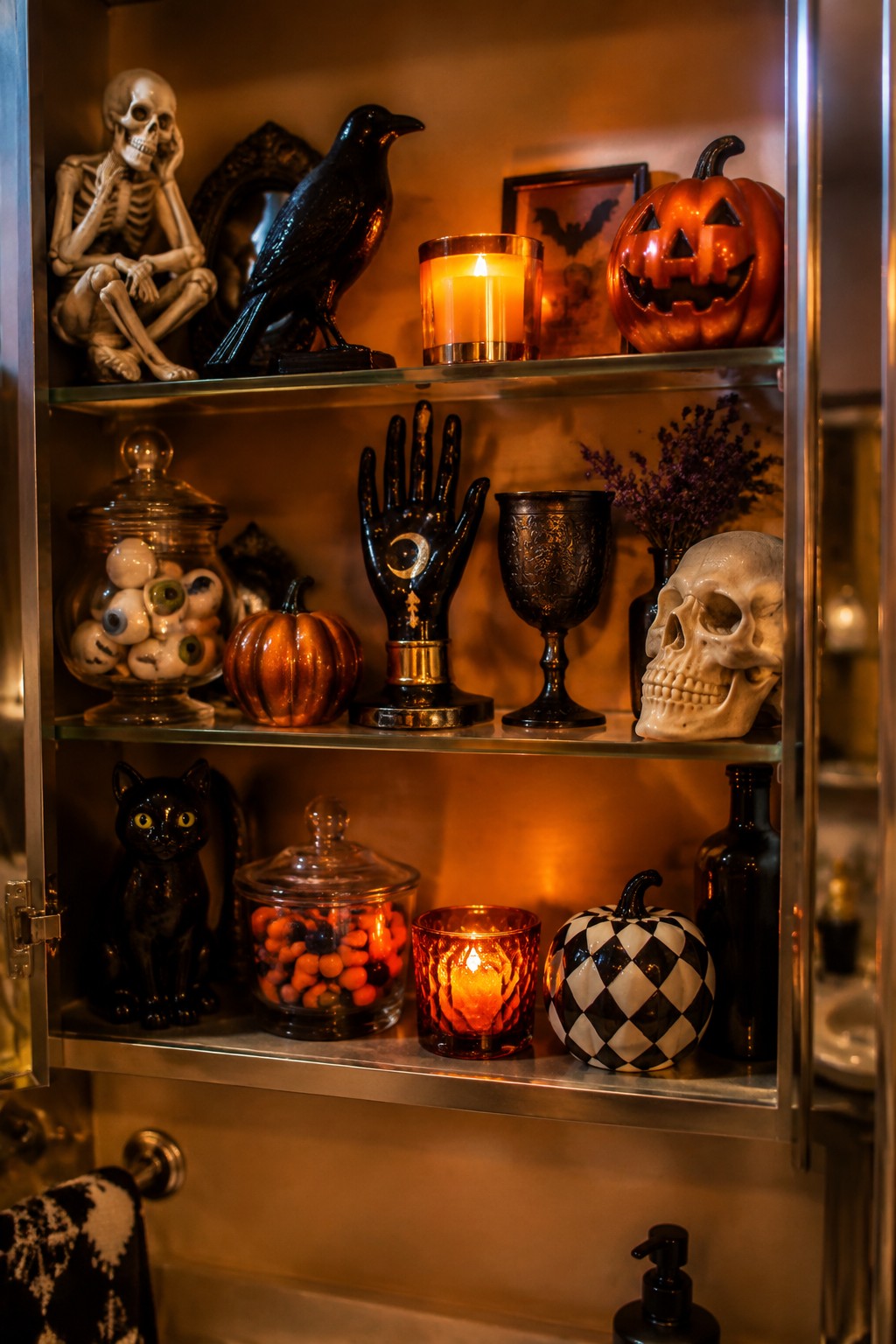Bathroom cabinet with glass shelves holding skeletons, a black crow, skulls, a black cat figurine, jack-o'-lanterns, and other Halloween objects.