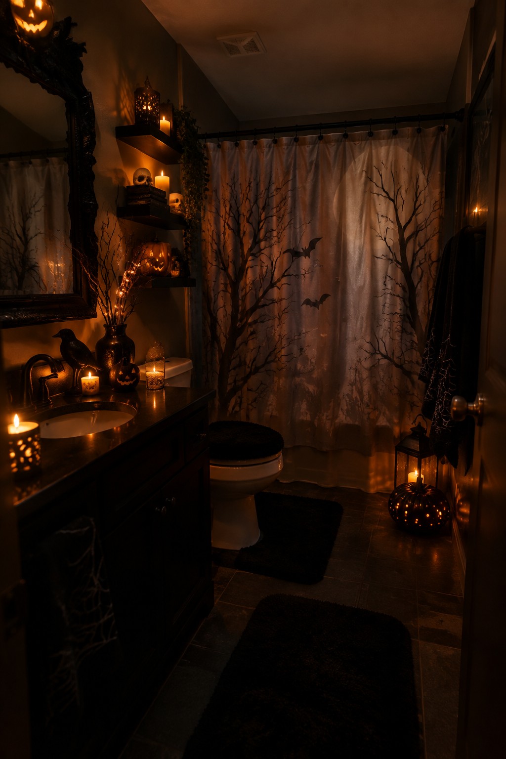 Dimly lit Halloween bathroom with pumpkins, skulls, candles, and bat shower curtain.