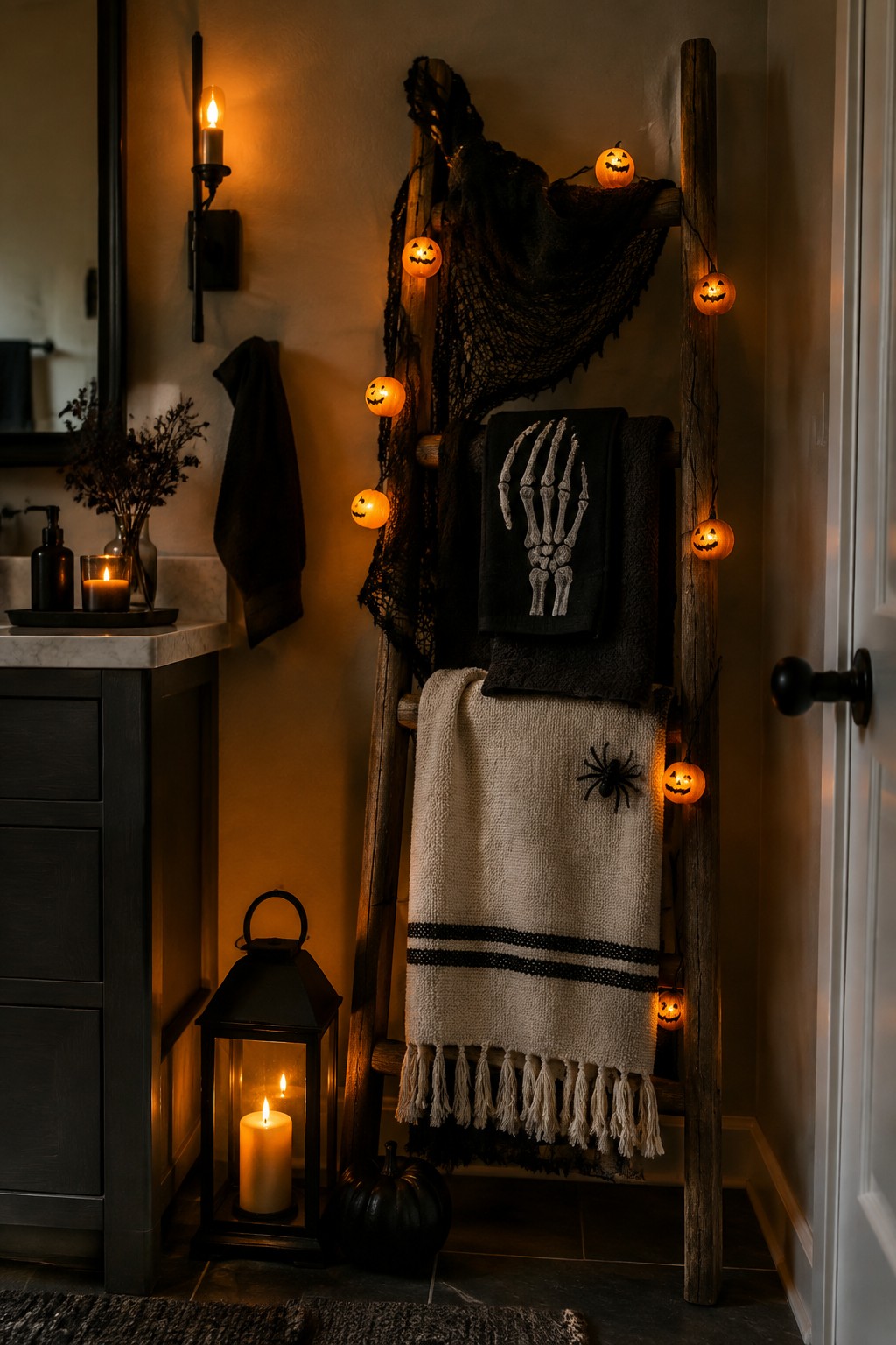 Wooden ladder in a bathroom displaying black towels with skeleton hand and spider prints, wrapped with pumpkin string lights and black lace fabric.