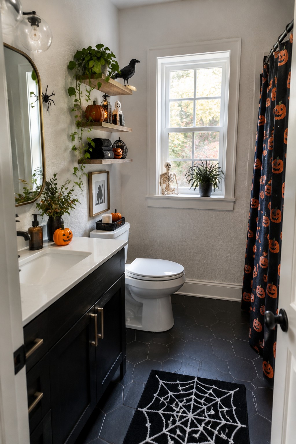 Bathroom with a skeleton seated on the windowsill, a black crow on a shelf, a spiderweb bath mat, and a pumpkin-patterned shower curtain.