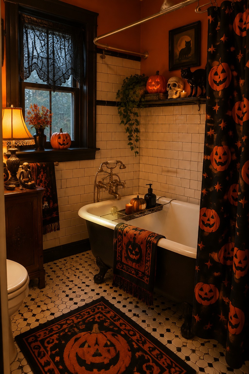 Bathroom with white clawfoot tub decorated with pumpkin patterned shower curtain, towel, and rug along with carved pumpkins on the tub tray and shelf.