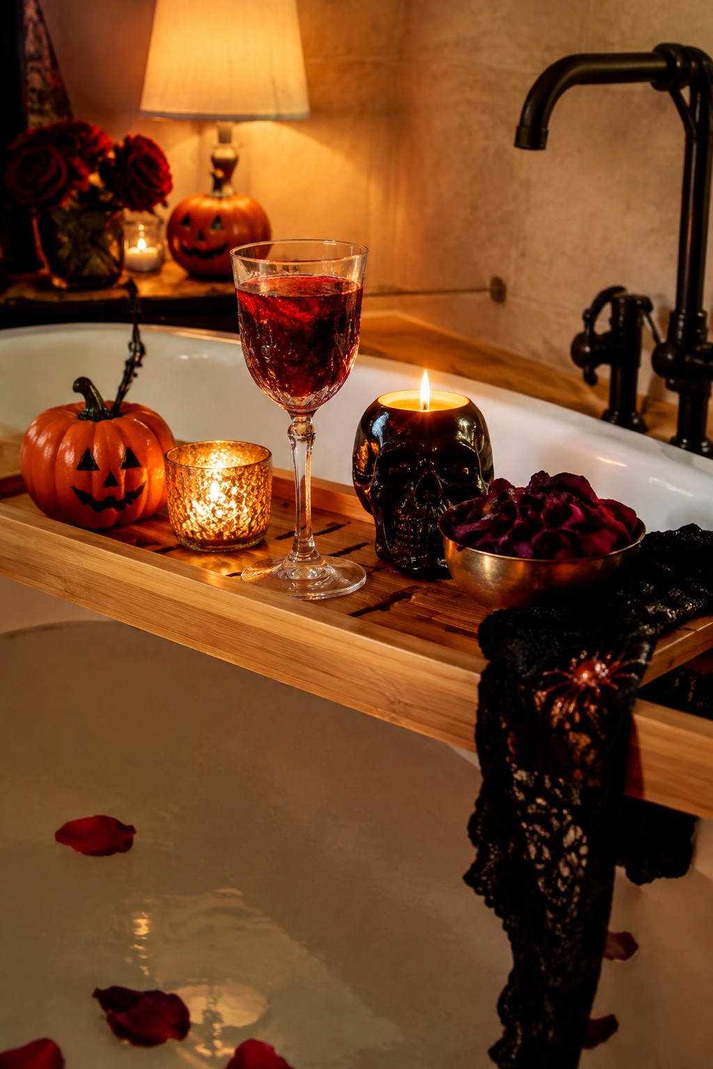 Wooden bath tray across a white tub holding a skull candle, small jack-o'-lanterns, a wine glass, and black lace with a spider accent.