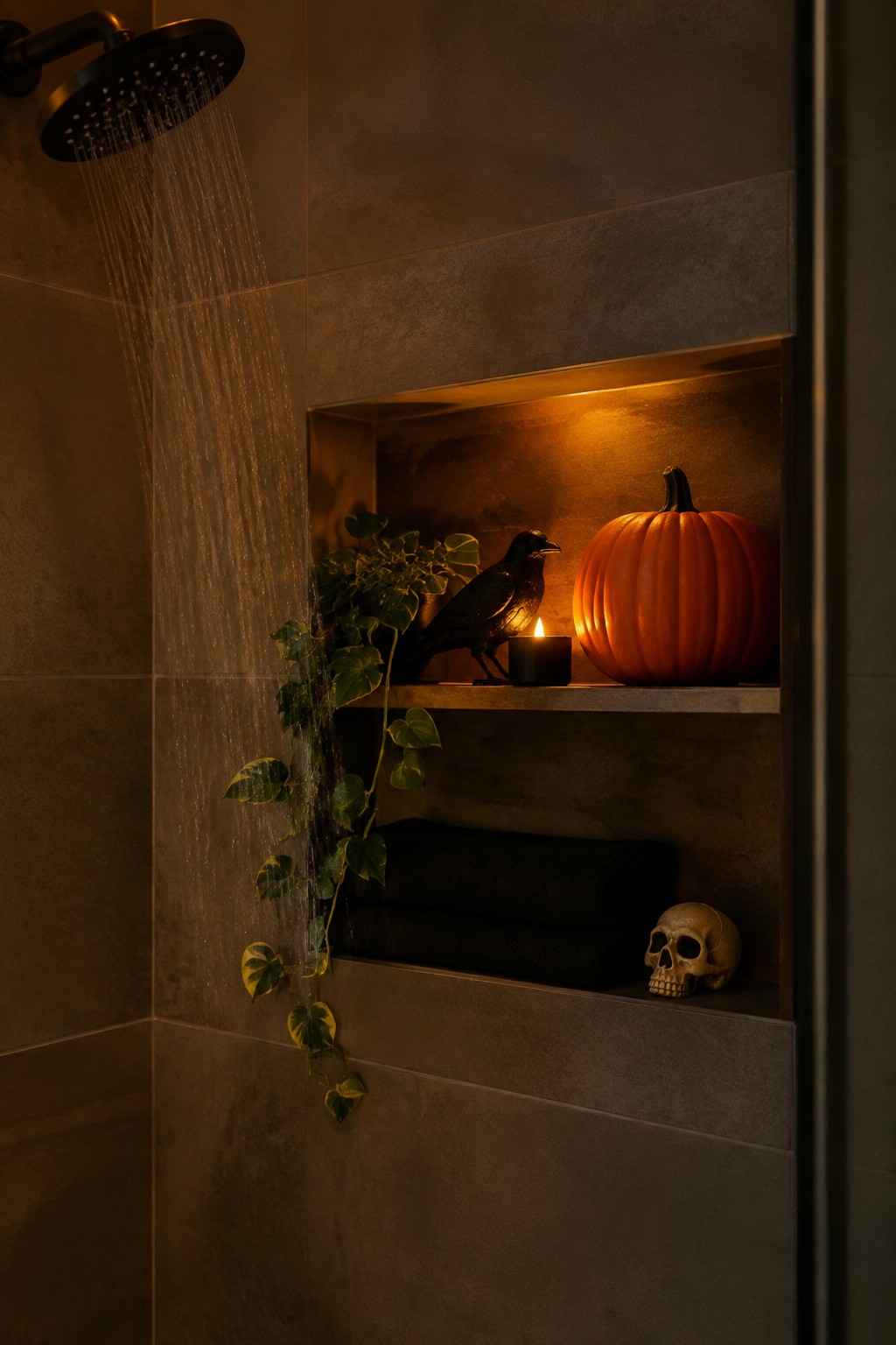 Bathroom shower niche decorated with a skull, black crow figure, orange pumpkin, and lit candle on built-in shelves.