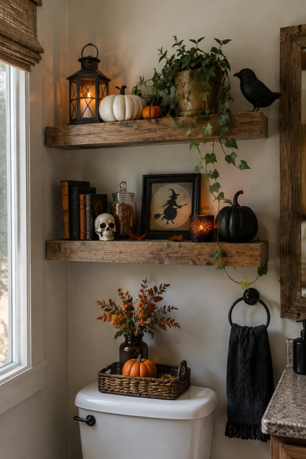 Bathroom shelves above a toilet styled with a skull, witch silhouette, black crow, pumpkins, and a lit lantern.