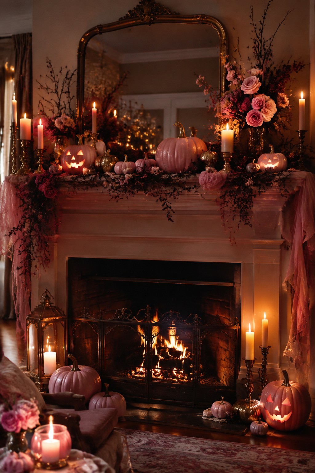White fireplace mantel lined with pink pumpkins, several carved as jack o lanterns, surrounded by lit candles and pink flowers.