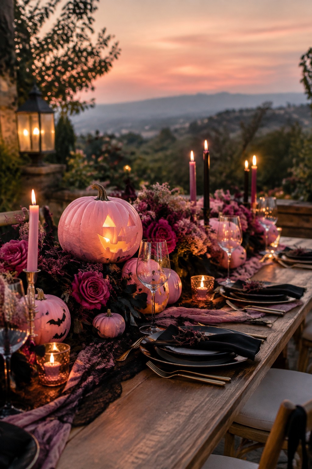 Elegant Halloween table with glowing pink pumpkins, roses, black plates, and lit candles at sunset.