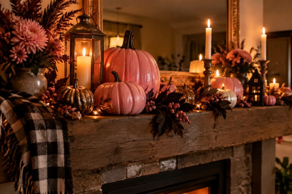 White fireplace mantel decorated with several pink pumpkins, black foliage garland, and lit candles.