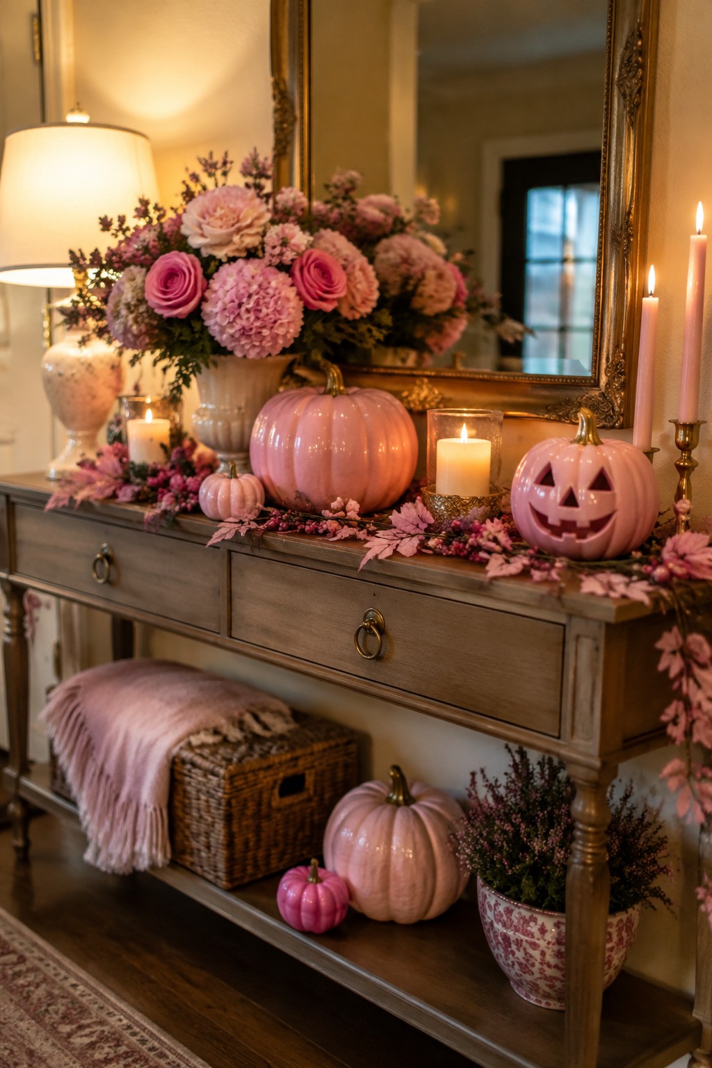 Pink pumpkins, flowers, and candles adorn a wooden console table with mirror.