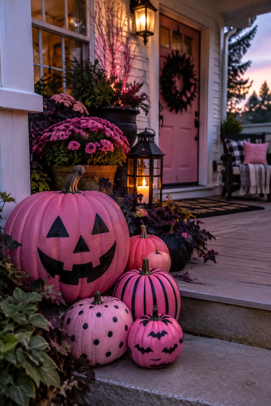 Front porch steps lined with pink pumpkins carved and painted as jack o lanterns in various patterns.